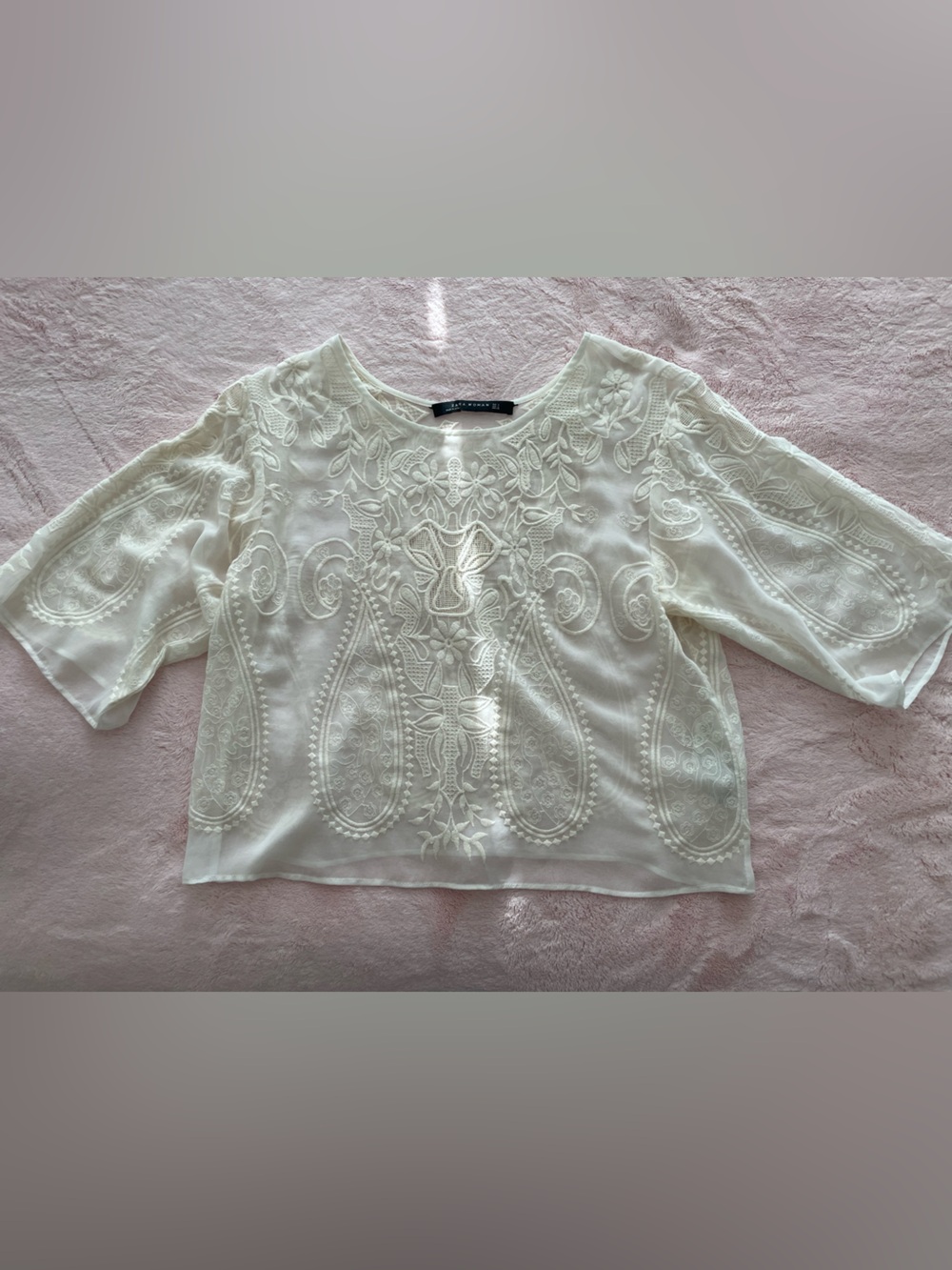 ZARA Sheer Embroidered Ivory Women's Blouse Small